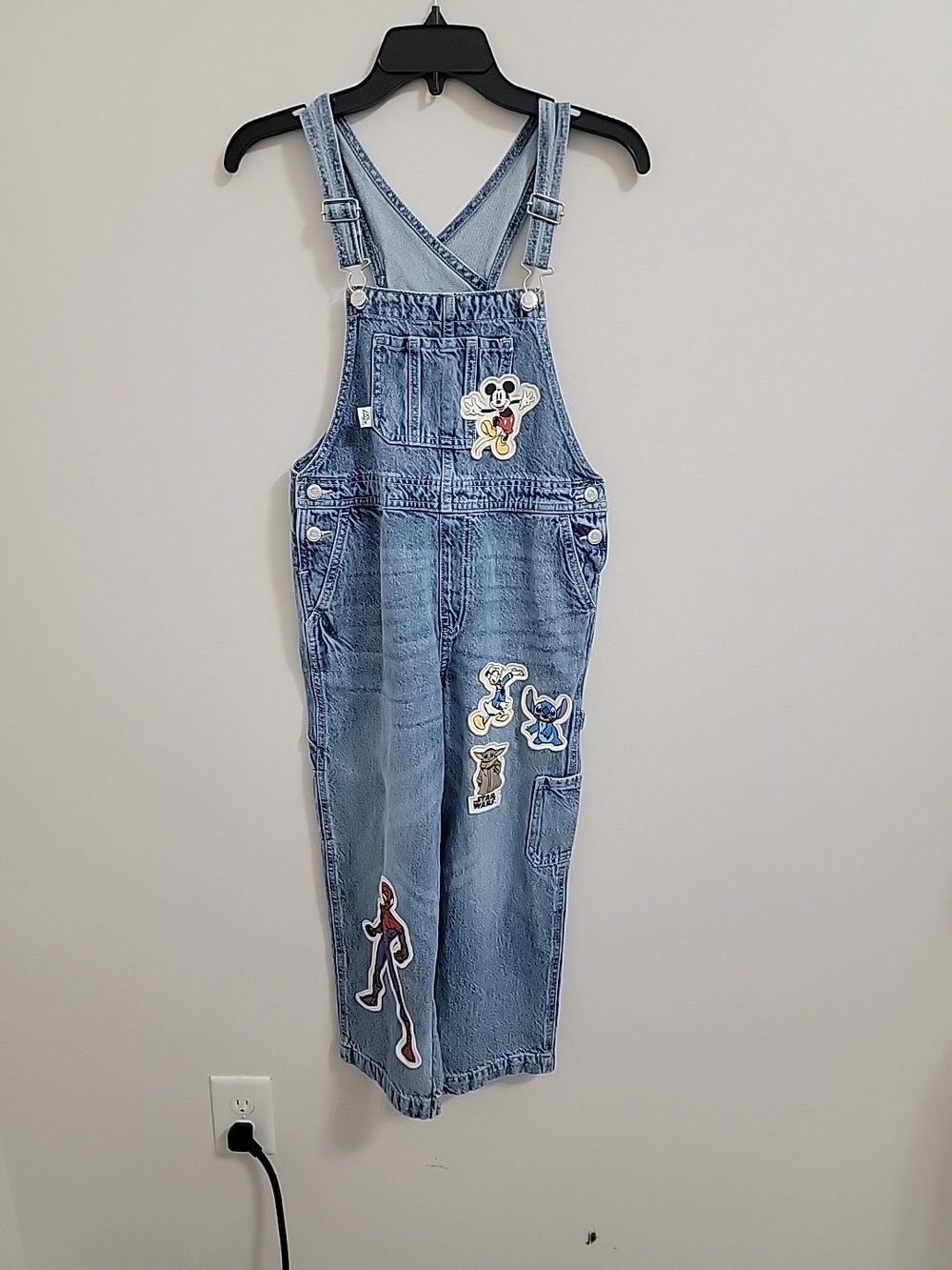 H & M Embroidered Disney 100 Years Denim Overalls - Mickey, Spider-Man, Size 10